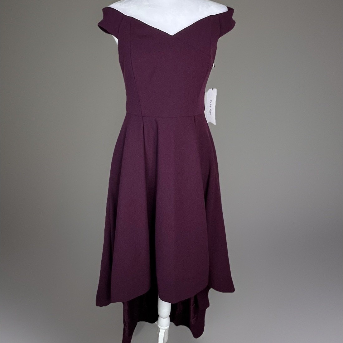 High Low Off Shoulder Dress Calvin Klein Fit Flare Sz 4 Plum Pockets Structured
